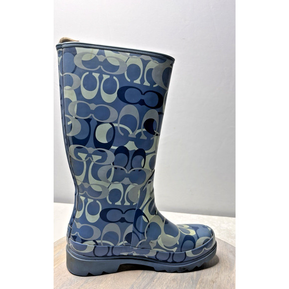 Coach Paisley Womens Rubber Pull On Tall Rain Boots Blue All Over Logo Sz 7m - Picture 6 of 11